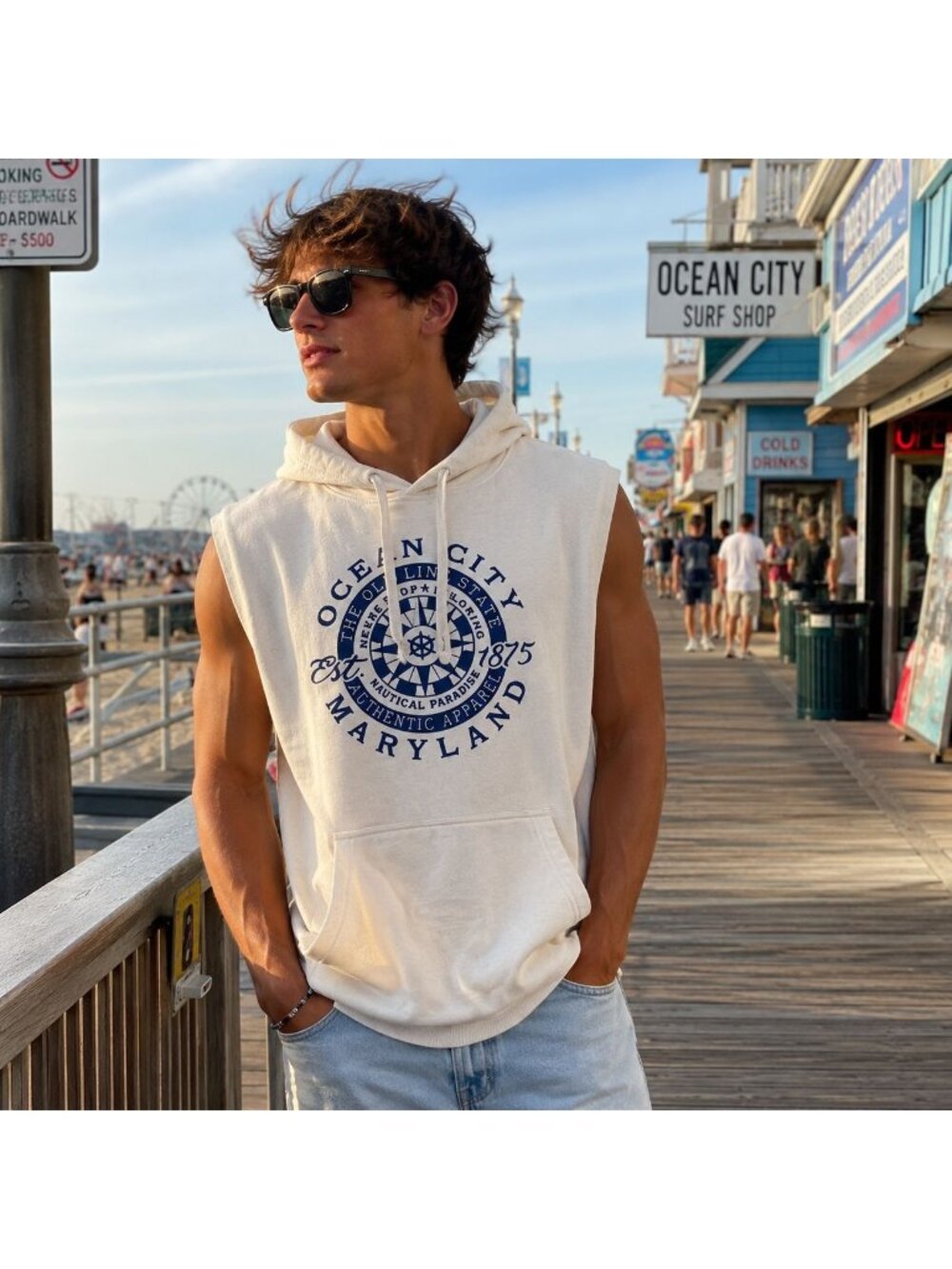 Sunstions Sleeveless Y2K Hoodie Size XL Ocean City Surfcore Beach Bro Streetwear